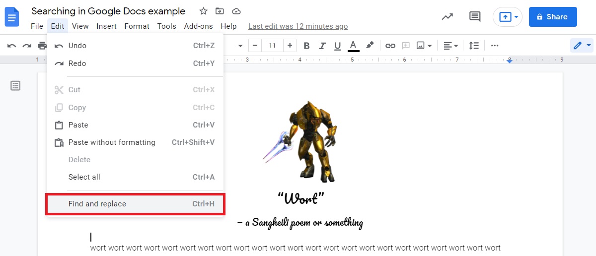 haga clic en la función desde el menú de edición en Google Docs