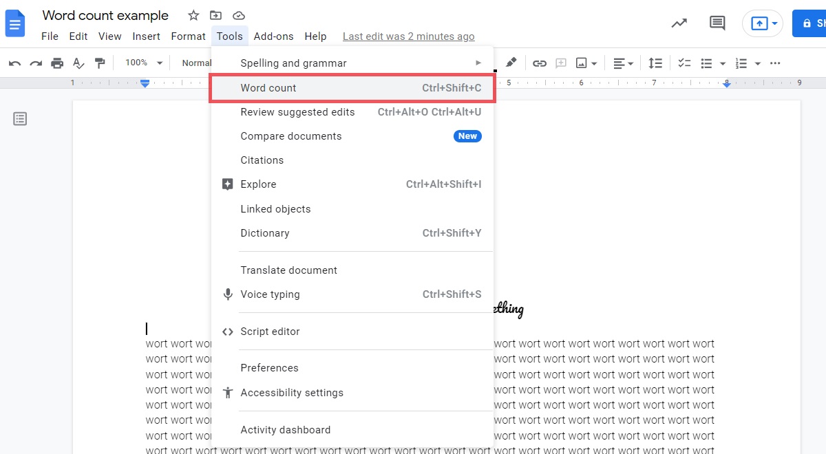 dentro de las herramientas, asegúrese de hacer clic en el recuento de palabras