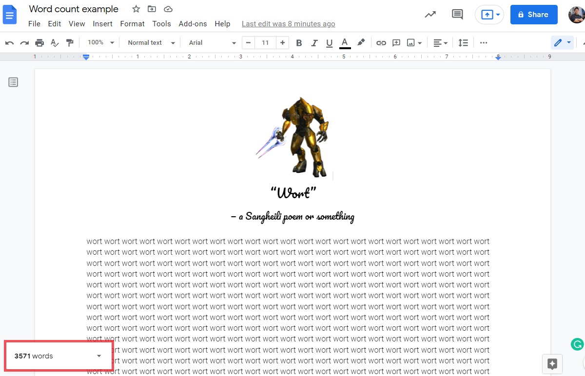recuento de palabras que se muestra en la esquina inferior izquierda