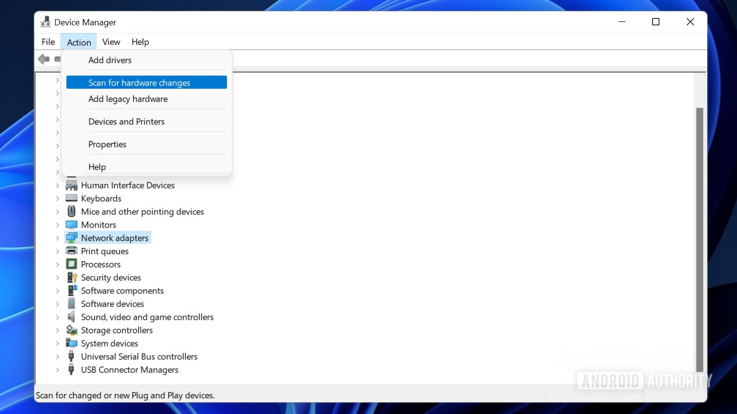 Exploración del Administrador de dispositivos de Windows 11 en busca de cambios de hardware