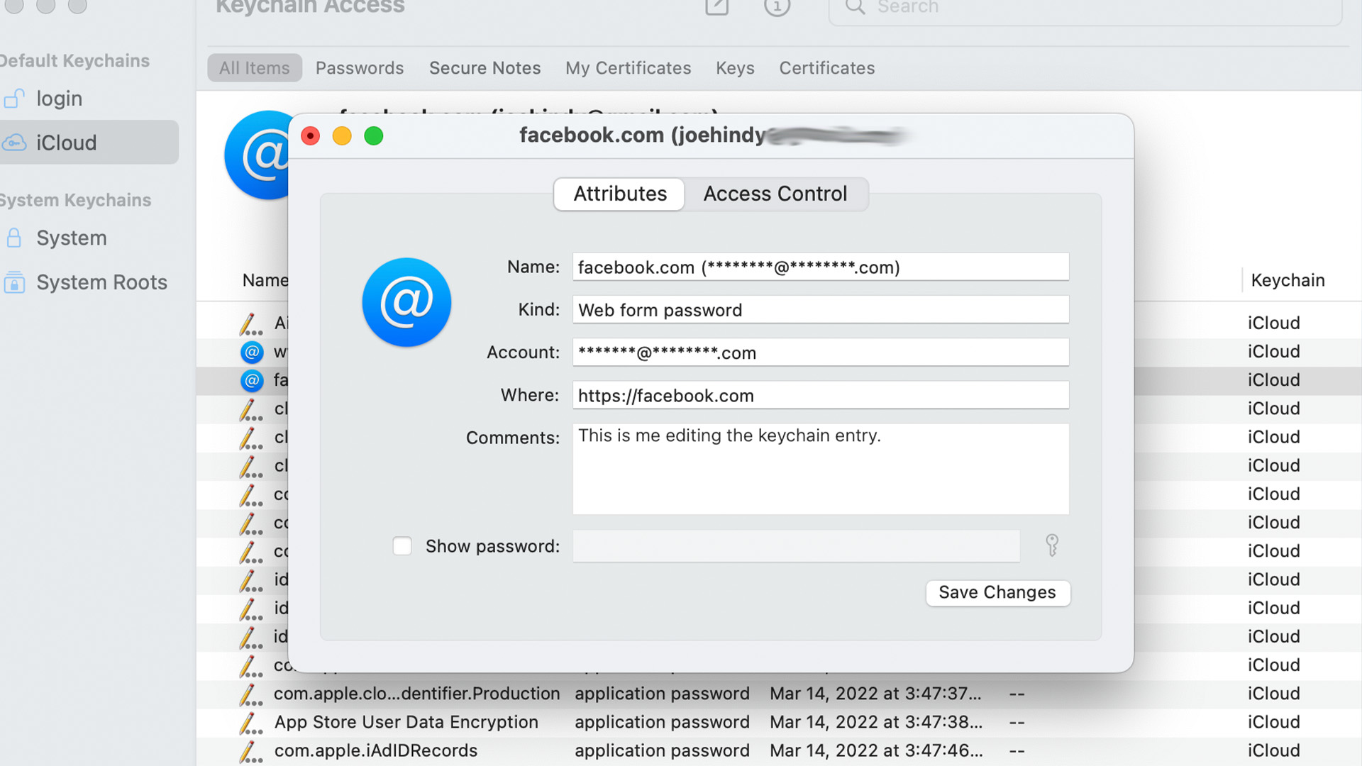 Editar entrada de llavero en Acceso a Llaveros