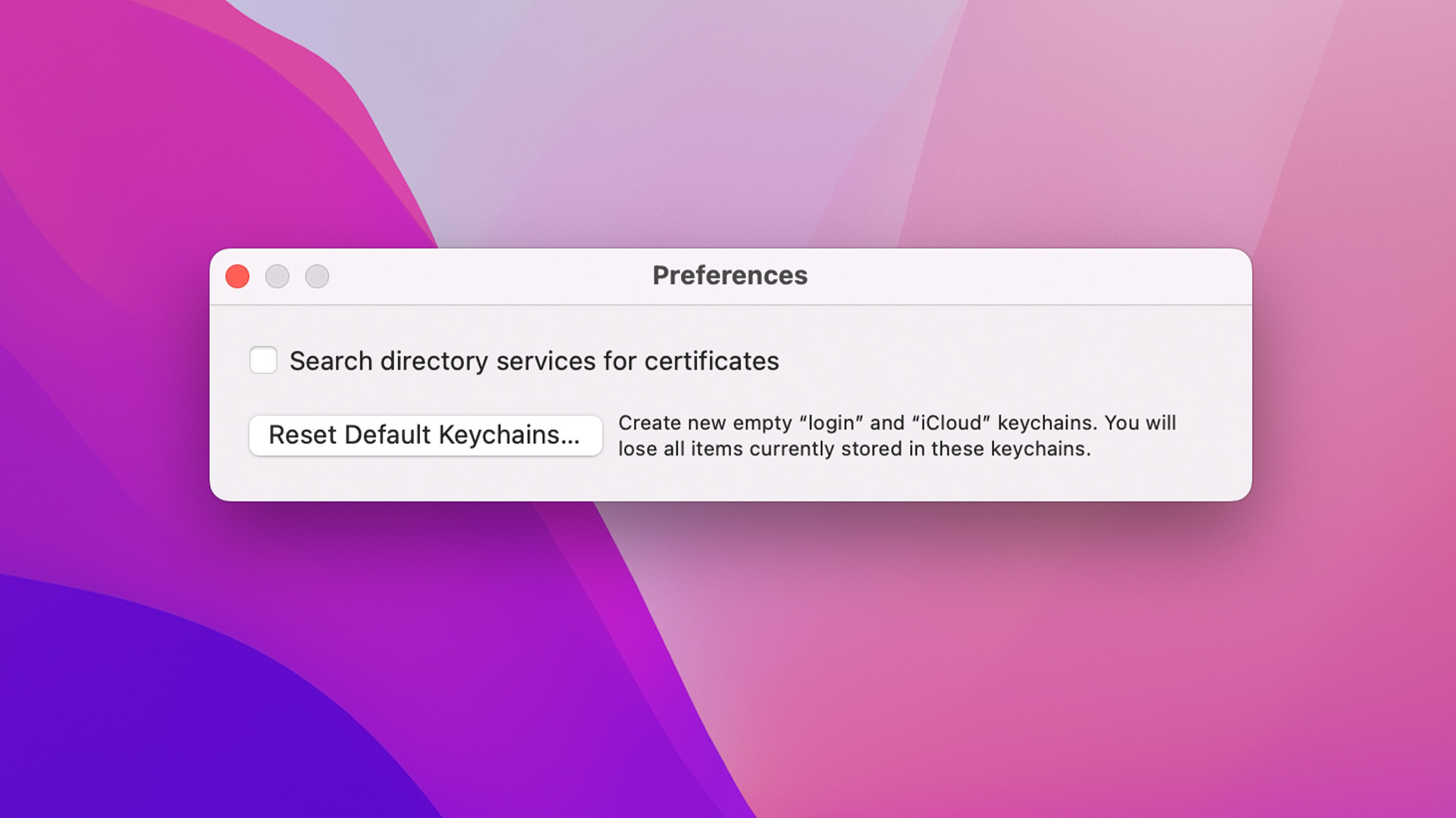 Restablecer llaveros predeterminados en Acceso a llaveros