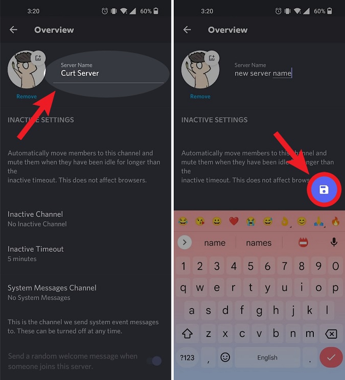 guardar cambios en el nombre del servidor móvil
