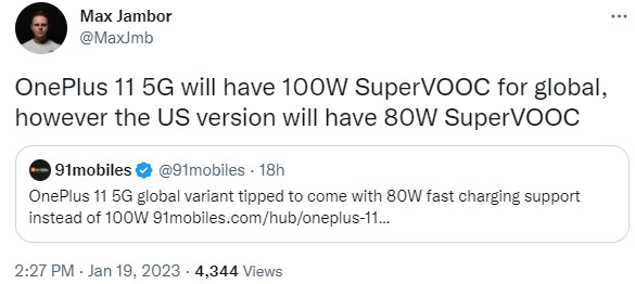 Max Jambor OnePlus 11 velocidades de carga